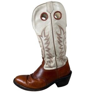 Tony Lama 4830 Western Cowboy Boot‎ Cream Brown Leather Round Toe tall buckaroo